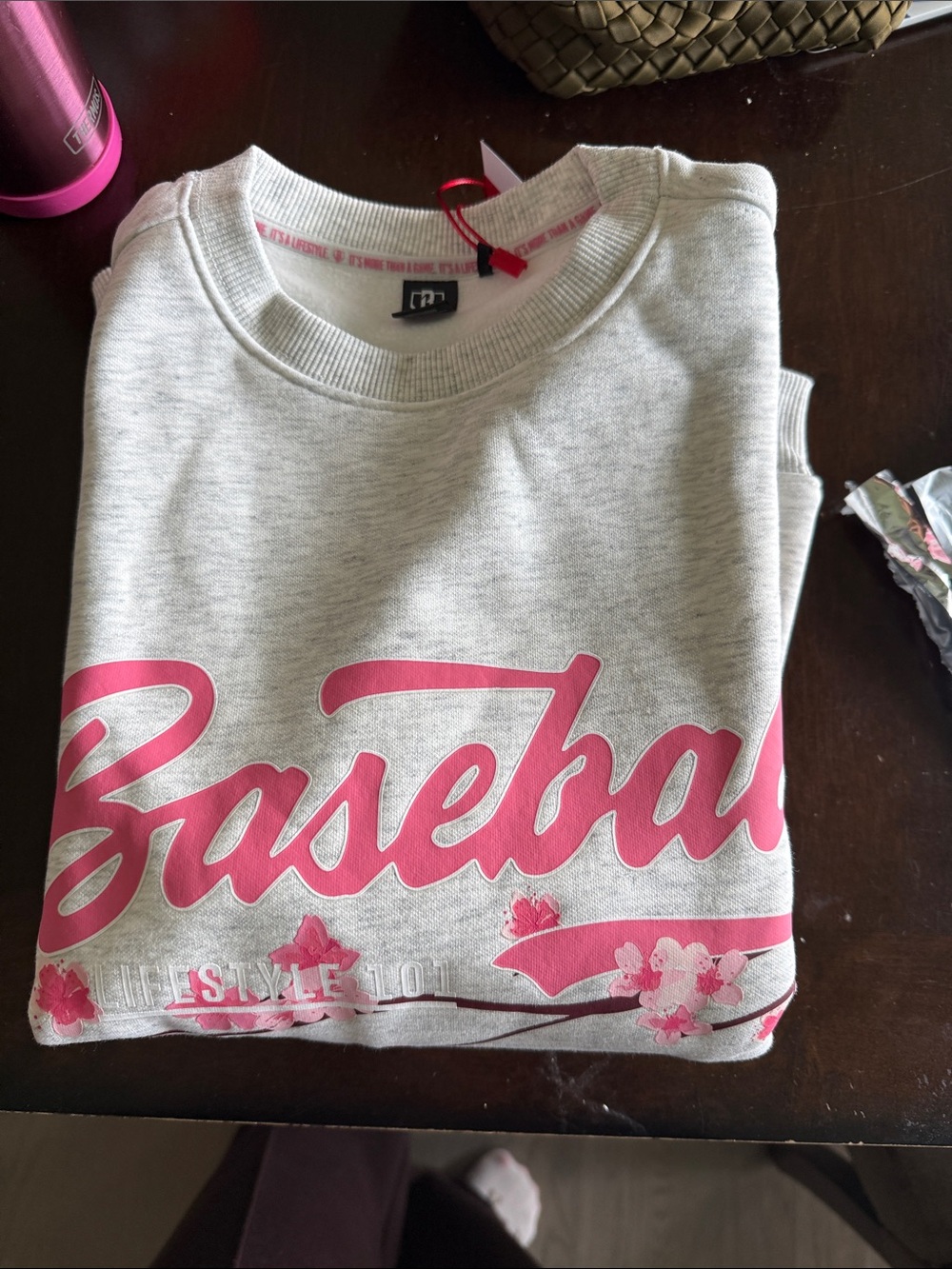 Girls' Light Gray Baseball Graphic Sweatshirt with Pink Script